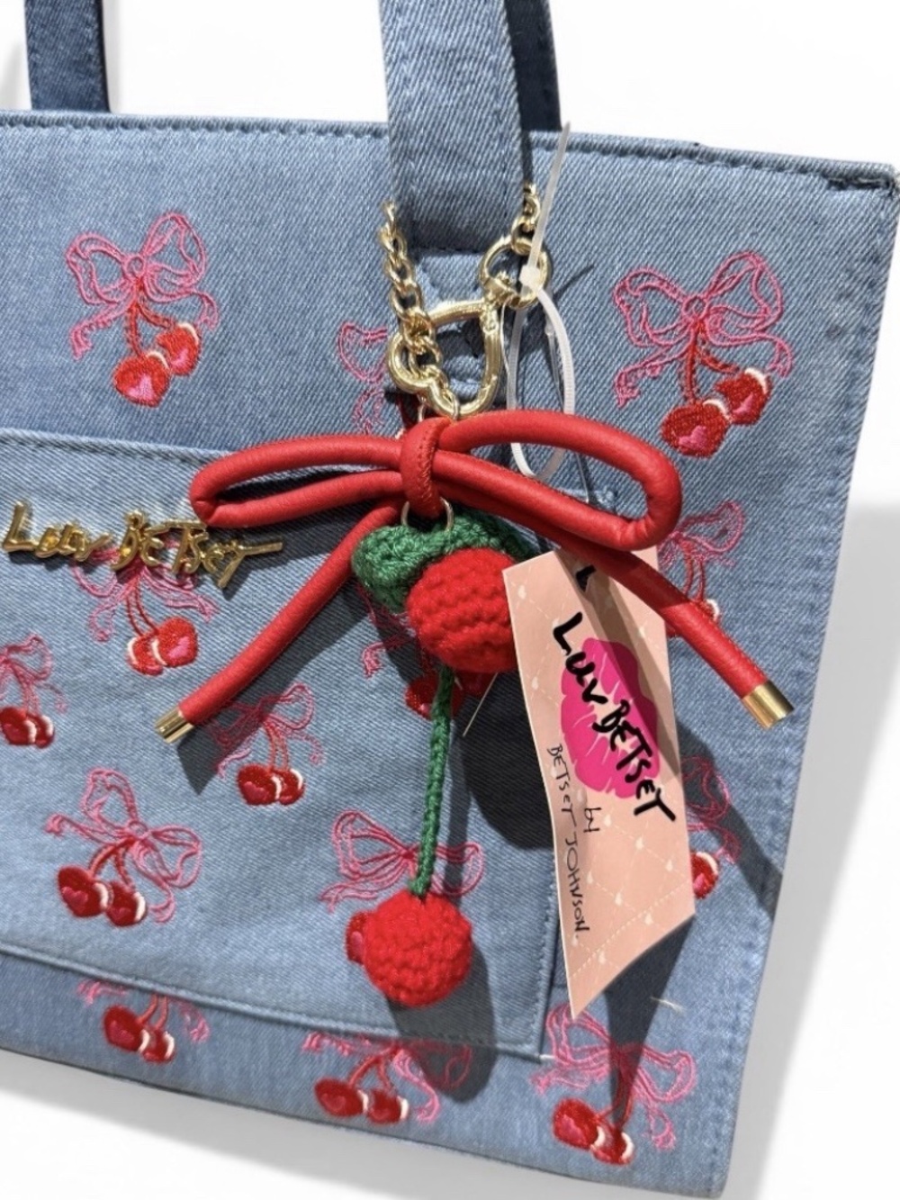 LUV BETSEY Betsey Johnson Denim Pink Bow Cherry Tote - Picture 3 of 4